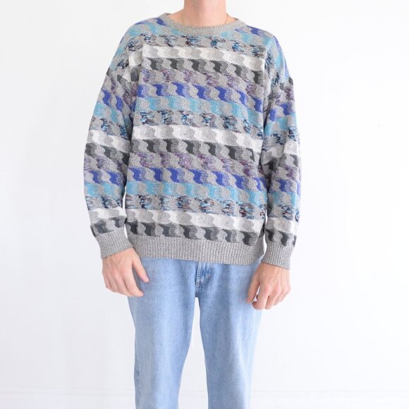 Pronto-Uomo Gray Blue Hounds Tooth Eclectic Grandpa Fine Knit Crew Neck Sweater - Picture 1 of 9